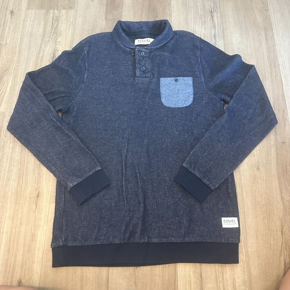 Ezekiel Mens Long Sleeve Large L Knit Henley Sweater Gray Jersey Inner Lining